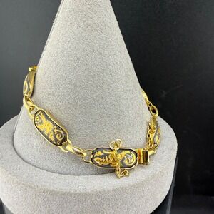 Vintage Estate Damascene Link Bracelet Gold Tone Bird Seahorse 7.5in